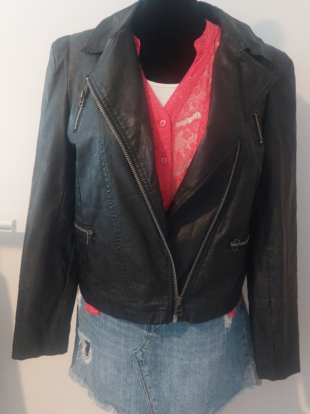 K Jordan 100% Polyester Buttery Soft Faux Leather Moto Jacket (blk) (S)